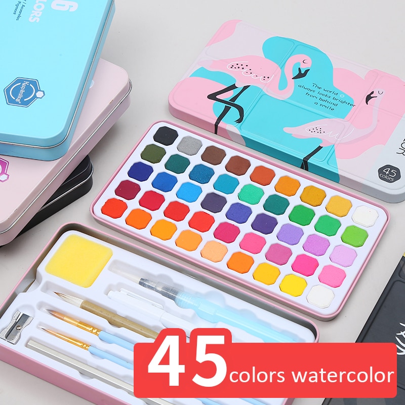 45 farger fast pigment akvarell maling sett med blyant bærbar penselpenn til kunstner maleri kunst forsyninger