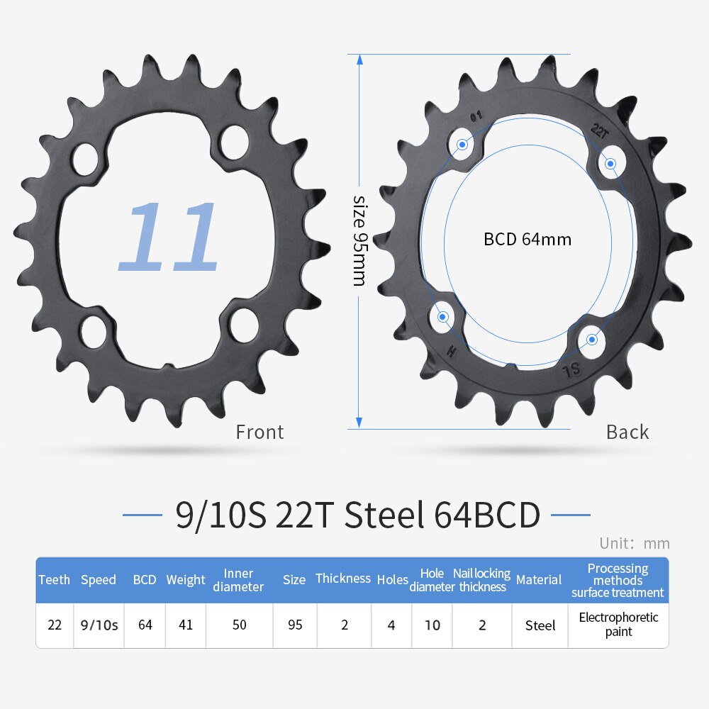 PROWHEEL-plato redondo para bicicleta de montaña, rueda dentada de aleación de acero, 64/96/104BCD, 22T, 24T, 30T, 32T, 40T, 42T, 44T: 10S 22T Steel 64BCD