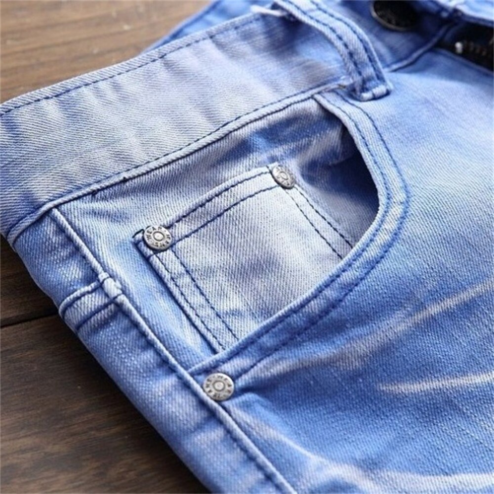 Eh · md® hoog elastische gebleekte blauwe jeans heren golvende gerimpelde gaten patch katoen zacht kleine rechte high street slanke broek