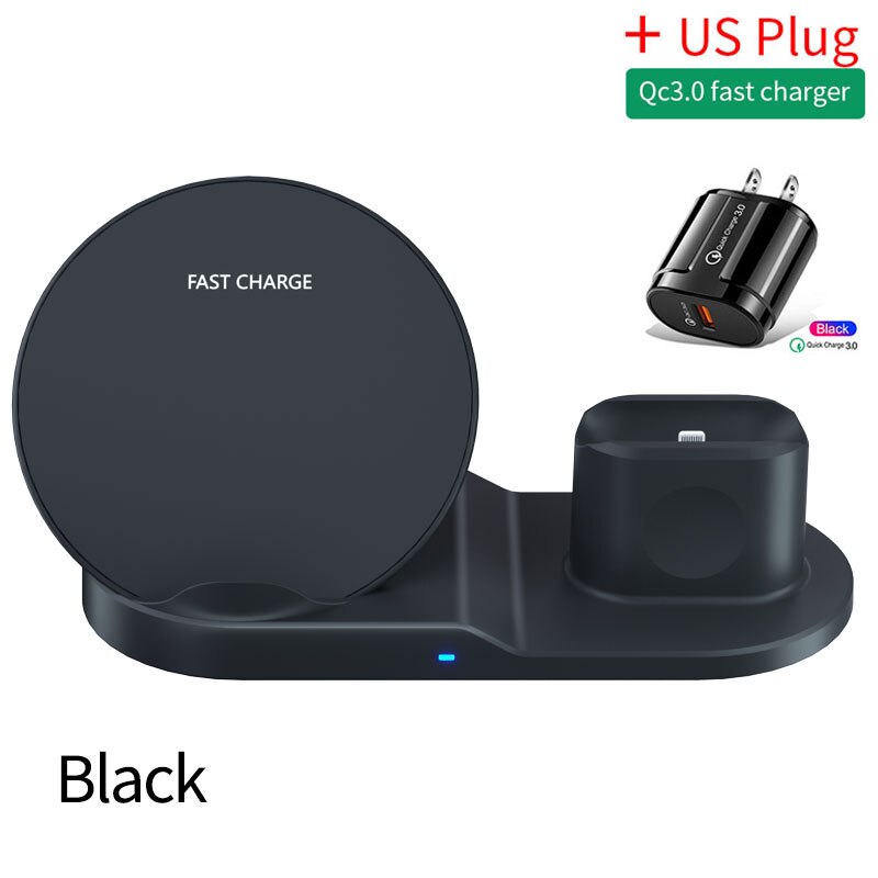 3 In 1 Qi Snelle Draadloze Oplader Voor Iphone 11 Pro Xs Xr 8 Samsung Note 10 Charger Dock Station voor Apple Horloge 6 5 4 Airpods Pro: Black-US Plug