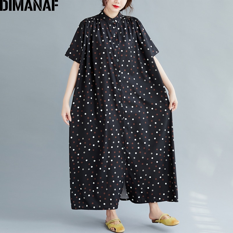DIMANAF-vestido en tallas grandes para mujer, ropa de verano, holgado, informal, estampado de lunares, cárdigan con botones, talla grande 5XL