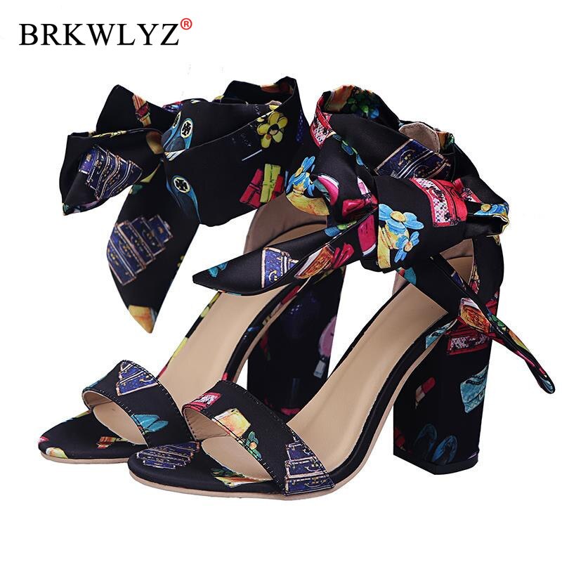 Stado szpilki lato styl wstążki sandały Vintage czarne mody szpilki z paskiem na kostce Bow-knot obuwie kobieta buty rozmiar 34-43