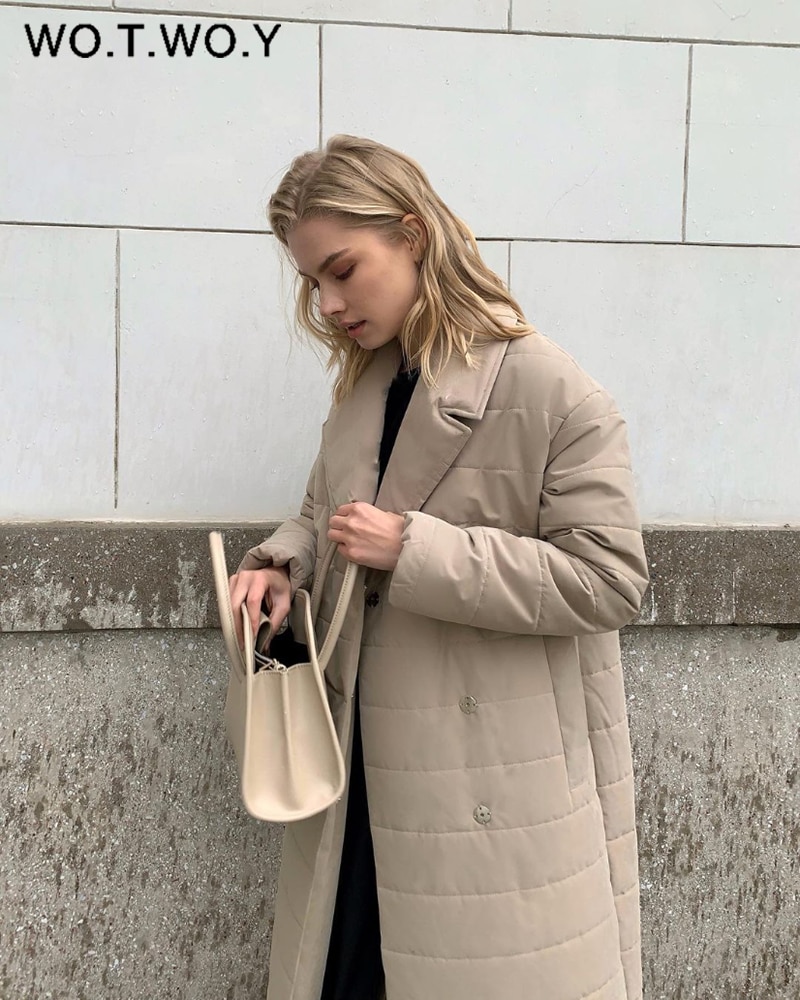 WOTWOY-Abrigo acolchado largo de Invierno para mujer, Parkas con cinturón grueso a prueba de viento para mujer, chaquetas informales liso de talla grande, ropa de nieve para mujer