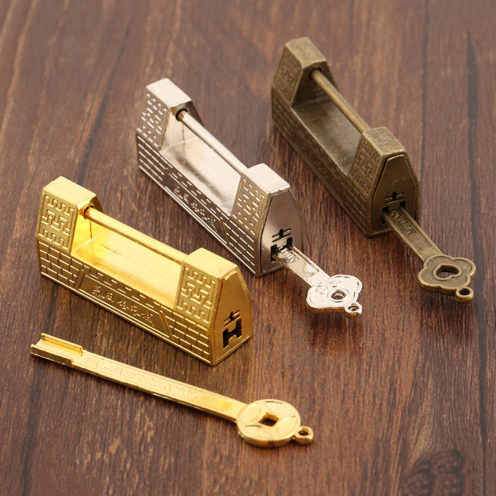 Vintage Slot Met Sleutel Grote Muur Patroon Hangslot Goud/Zilver/Brons Antieke Oude Chinese Sieraden Houten Doos Case lade Kast