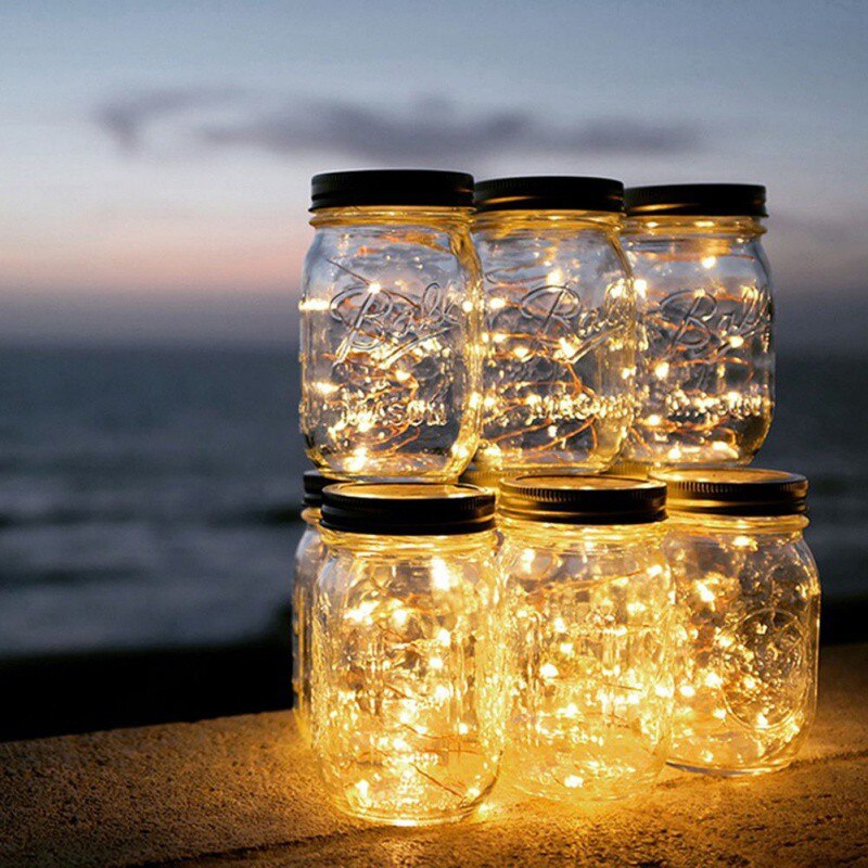 Tapa de tarro de cristal romántico Solar de 10 LED, luz LED para casquillo (solo tapa) con 1 M de iluminación de decoración, cuerdas para decoración de jardín al aire libre.: warm white