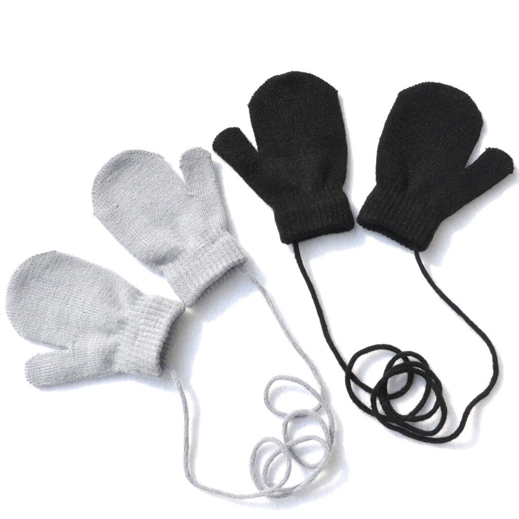 Kinderen Solid Dikke Gebreide 1-4Years Handschoenen Kinderen Winter Warm Solid Gebreide Leuke Met String 6 Kleuren Handschoenen Варежки Зимние