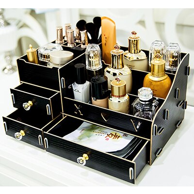 Multifunktions træ desktop opbevaringsboks makeup organizer taske kosmetisk opbevaringsboks gør det selv store makeup organizer skuffer: 2