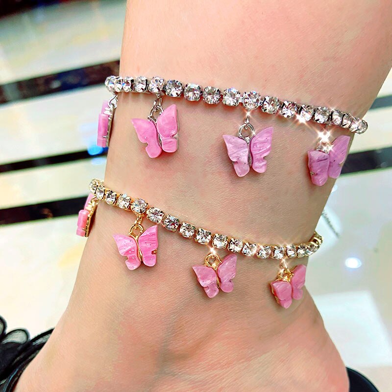 Flatfoosie Gold Silver Color Shiny Crystal Anklet Jewelry for Women Simple Butterfly Pendant Anklet Summer Beach Foot Chain