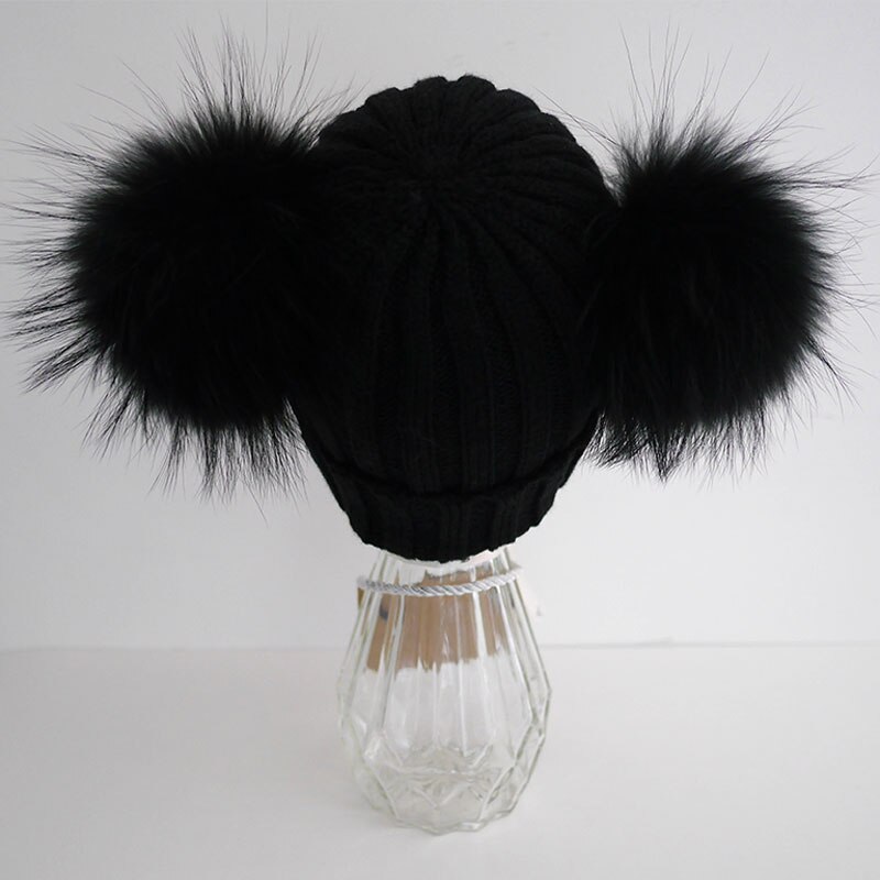 Volwassen Dubbele Bont Pompon Winter Hoeden voor Vrouwen Wol Blend Gebreide Heren Hoeden en Caps