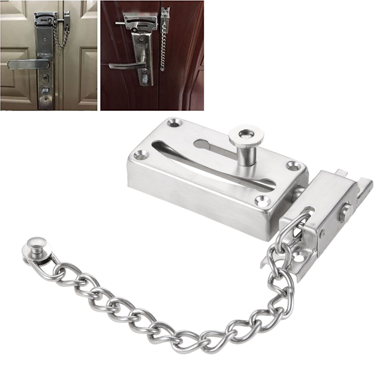 1kit Door Bolt Sturdy Safe Guard Lock + Anti-Theft Chain Stainless Steel Gate Security Heavy Latch Catcher w/screw Hardware
