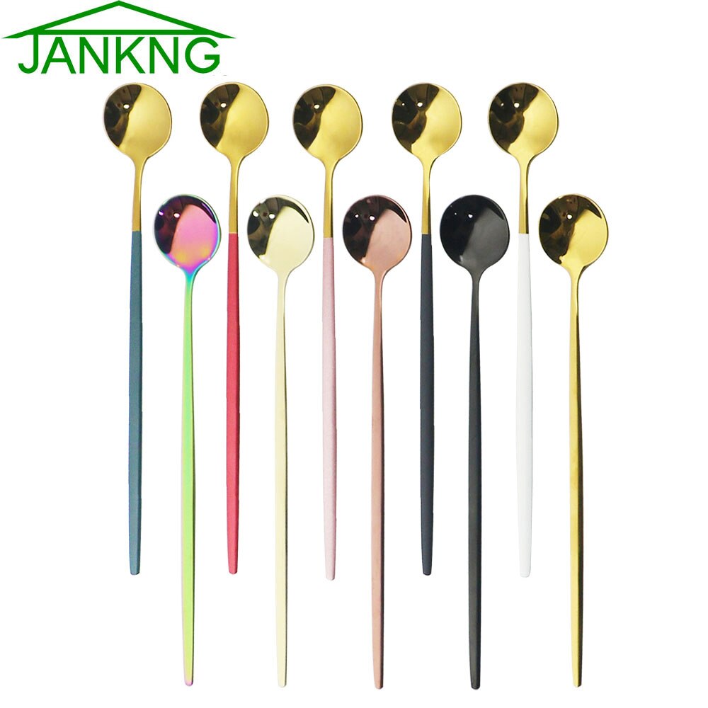 6Pcs Rainbow Long Hangdle Spoon For Polished Stirring Drink Dessert Ice Cream Spoon Cutlery Flatware Steainless Steel Tableware