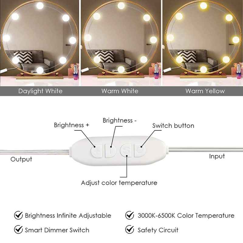 Usb-aangedreven dimbare hollywood led-make-upspiegel met 10w lampen, led-verlichting voor de kaptafel, 3 kleurstanden, l