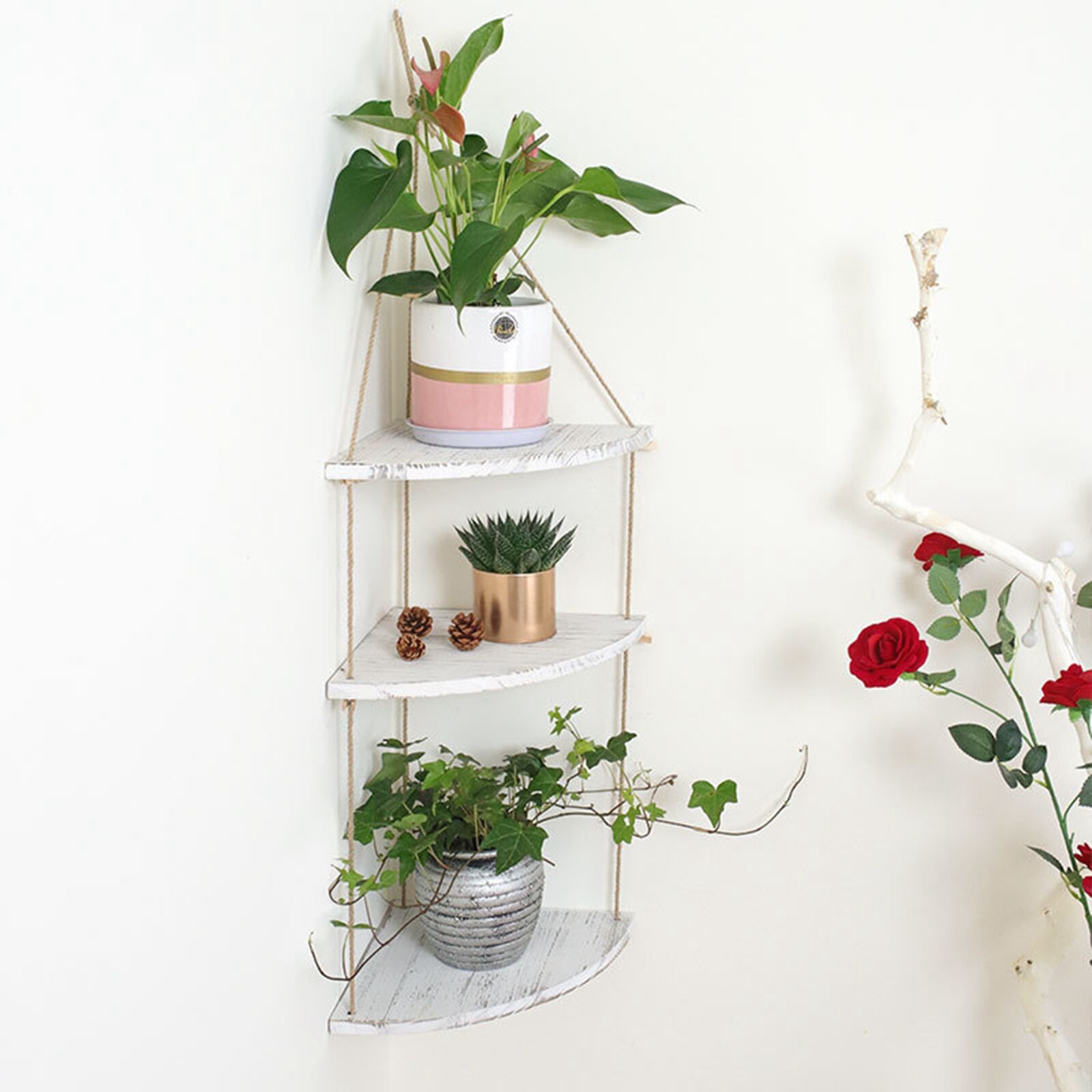 Estantes de esquina colgantes para exteriores, repisa de esquina de madera decorativa para jardín, cocina, baño y dormitorio, sala de estar y baño: white 3 tier