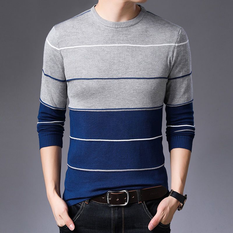 KPOP Style Harajuku Slim Fit Undershirt Casual All Match Knitwear Insert O Neck Stripe Patchwork Long Sleeve Sweaters: XXXL / GRAY