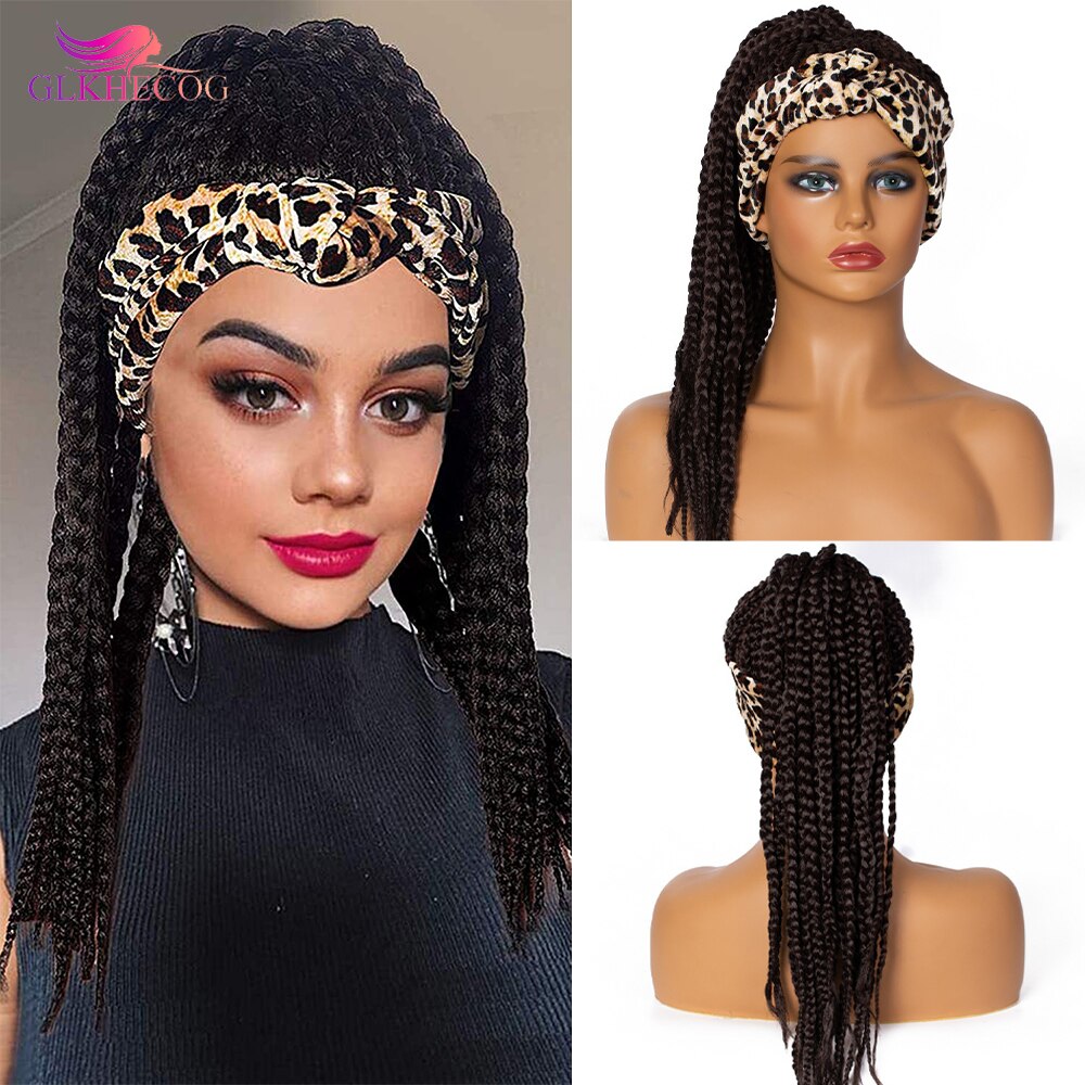 Braided Headband Wigs for African Women Box Braid Wig Synthetic Braiding Hair Leopard Turban Wrap Black Ponytail: Natural Color