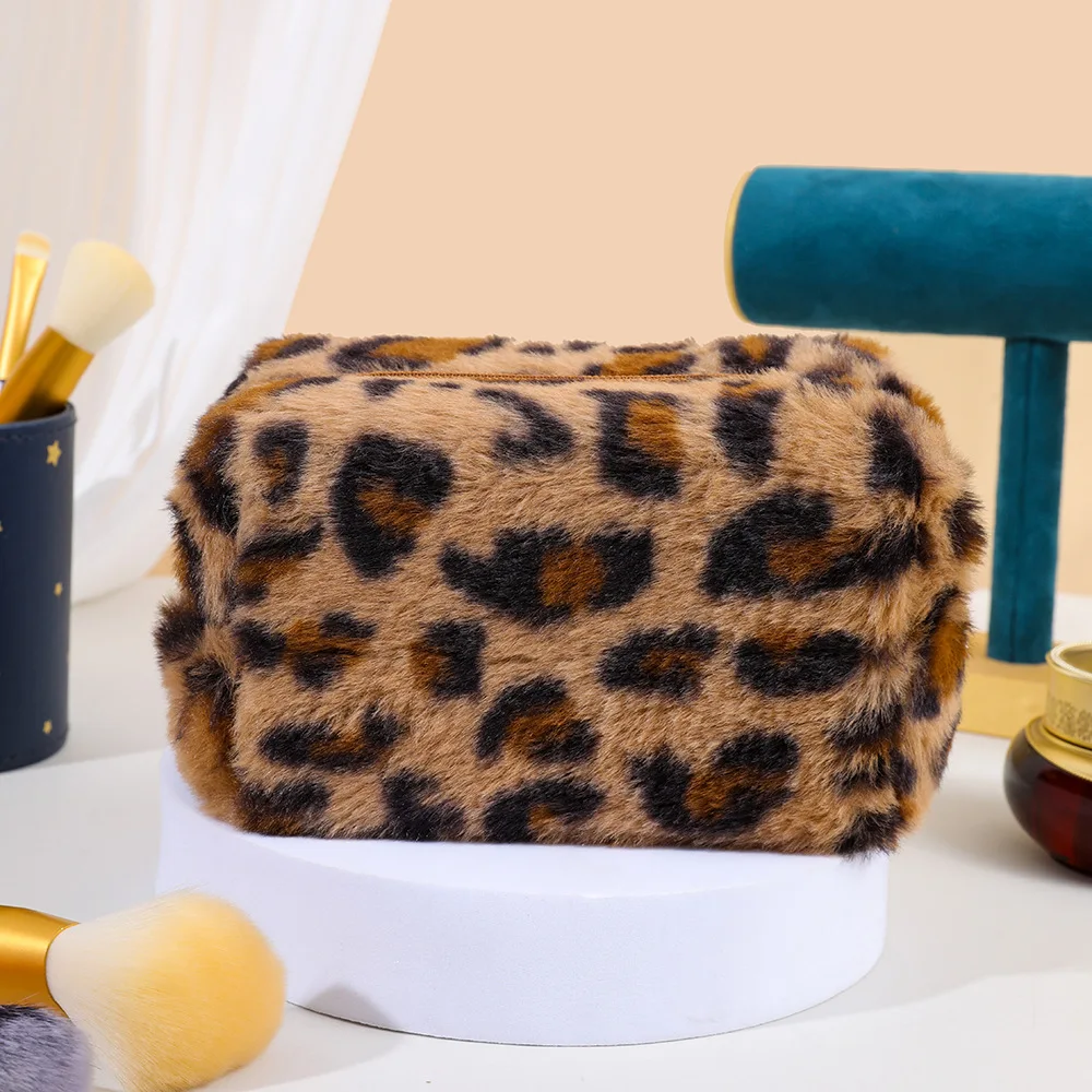 Leopard Fur Makeup Bags for Women Soft Travel Cosmetic Bag Organizer Case Lady Girls Make Up Case Necessaries Handbags Case: black