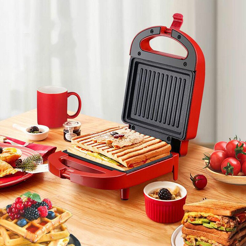 Sandwich machine breakfast machine home light food machine waffle maker machine multi-function heating toast pressure toaster: Red