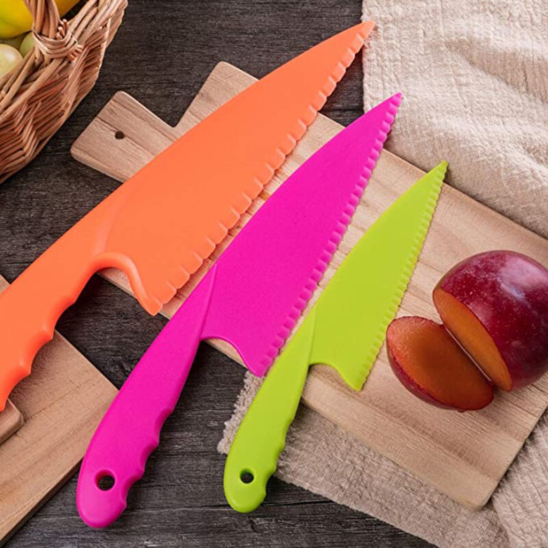 8 stycken barn plast kökskniv set barnsäker matlagning kock nylon knivar för frukt bröd tårta sallad salladskniv