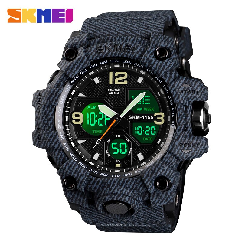 Skmei luminous dual display herre sportsure mandlige quartz armbåndsur stopur automatisk dato alarm elektronisk ur 1155b farve: Denim sort
