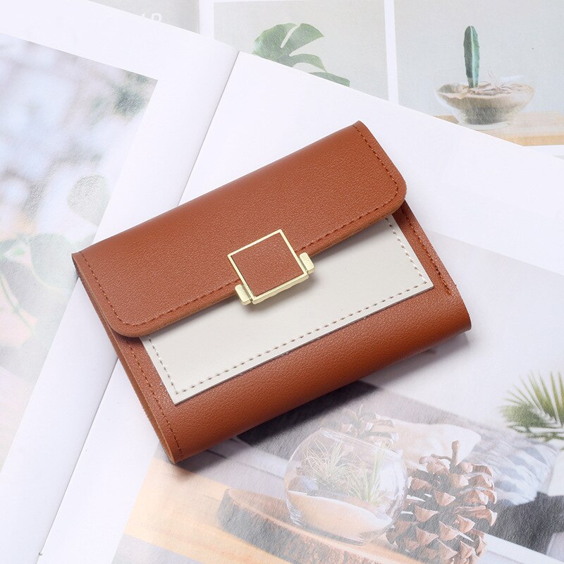 Cartera pequeña Coreana de PU para mujer, billetera de tres pliegues, tarjetero de , monedero de mano Simple, con broche: Brown