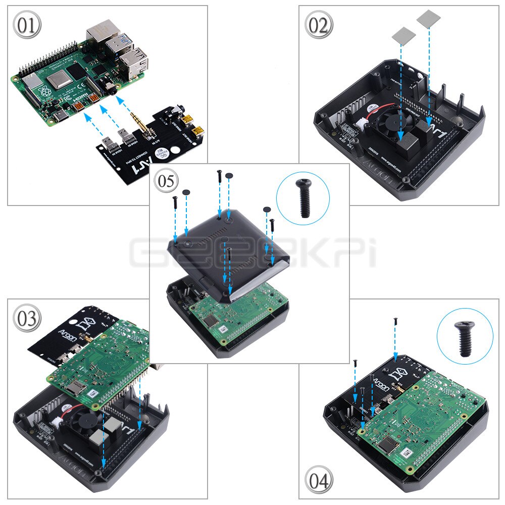 Geeekpi raspberry  pi 4 model b behuizing aluminium metalen abs behuizing met aan/uit-schakelaar + koelventilator + koellichamen