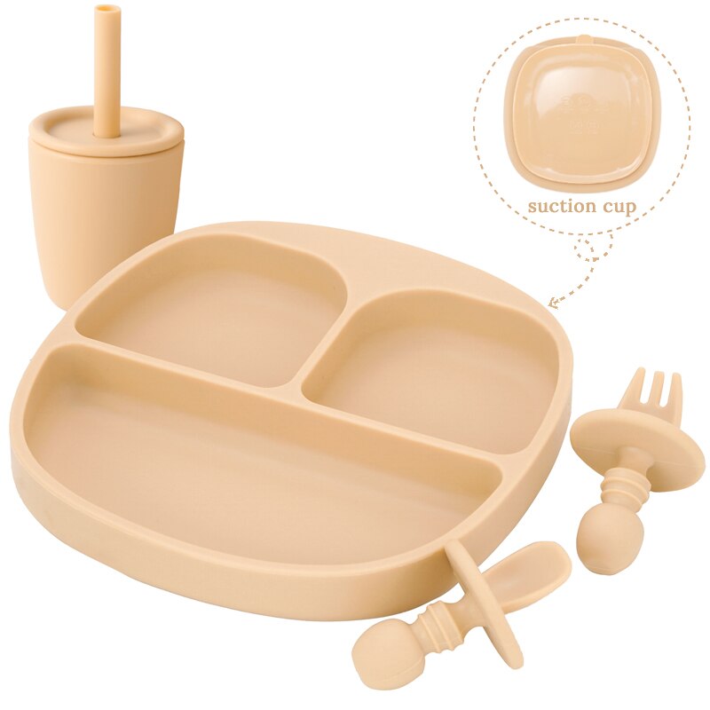 BPA Free Children's Tableware Baby Feeding Solid Food Dinner Set Plates Training Bowl Feeding Dishes Spoon Fork Straw Cup: 001-apricot