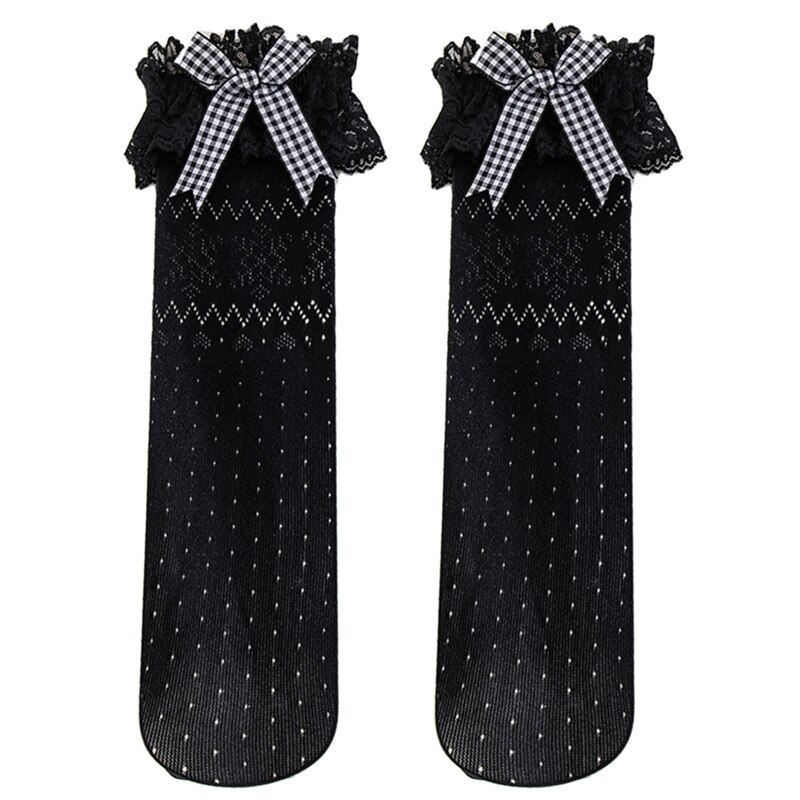 Calzini traspiranti in pizzo Lolita per bambini calzini per bambini Bowknot calzini a tubo centrale primavera estate autunno calza calda ginocchio alto: Black