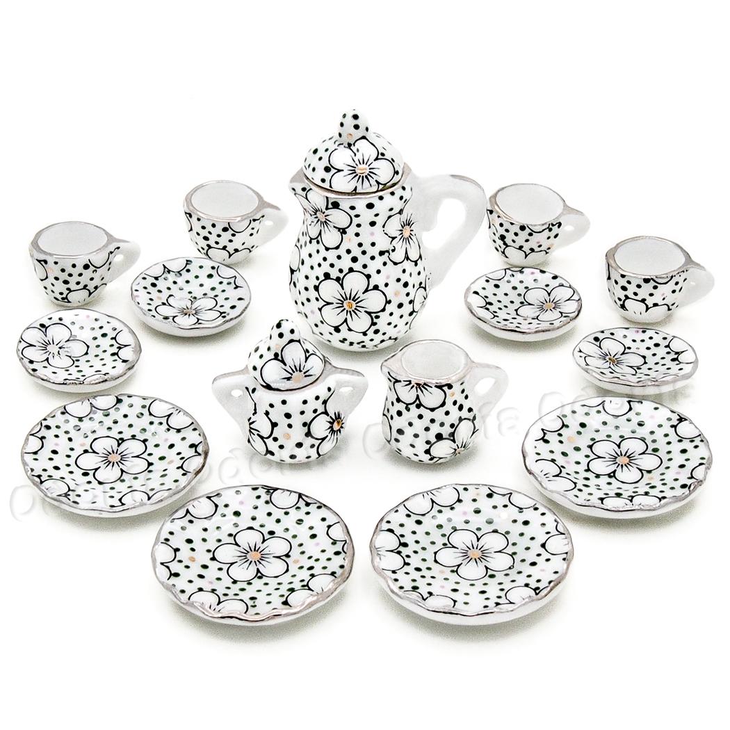Odoria 1:12 Miniature 15pcs Porcelain Tea Cup Set Chintz Flower Tableware Kitchen Dollhouse Accessories Decor ( 14 Patterns )