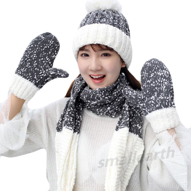 Conjunto de 3 piezas de gorros, bufandas y guantes de invierno para mujer, accesorios de invierno de punto grueso para niña, conjuntos de gorros, bufandas y guantes para mujer.: Gris 3 piezas