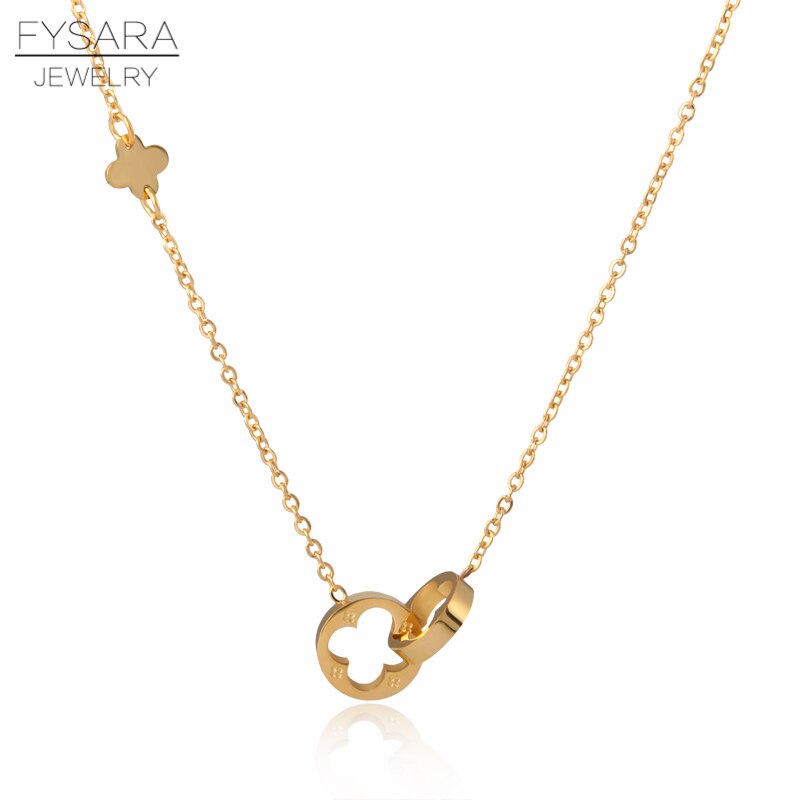 FYSARA Classic Brand Love Two Circle Double Buckle Necklace Roman Numeral Flower Clover Necklace Stainless Steel Gold Clavicle: gold flower