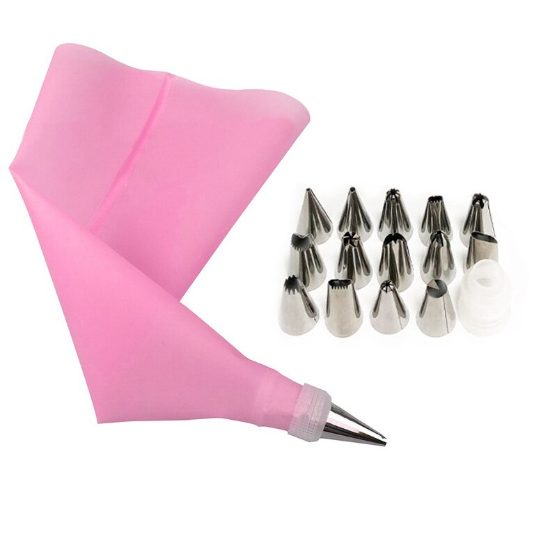 16 stuks siliconen glazuur spuitzak, 14 stuks roestvrijstalen spuitmondjes, doe-het-zelf taartdecoratietips, keukenaccessoires: 16 stuks roze