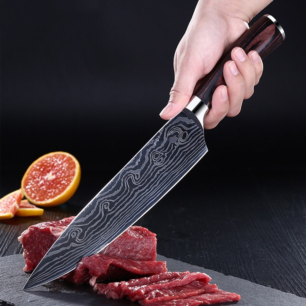 Super 8"inch Utility Chef Knives Imitation Damascus Steel Vein Santoku Kitchen Knives Carving Cleaver Slicing Knife