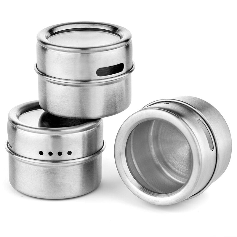 Magnetisk krydderkrukke med et sterkt gjennomsiktig toppdeksel. rustfritt stål rund lagring krydderkrukke, riste eller vende, magnetisk boks,