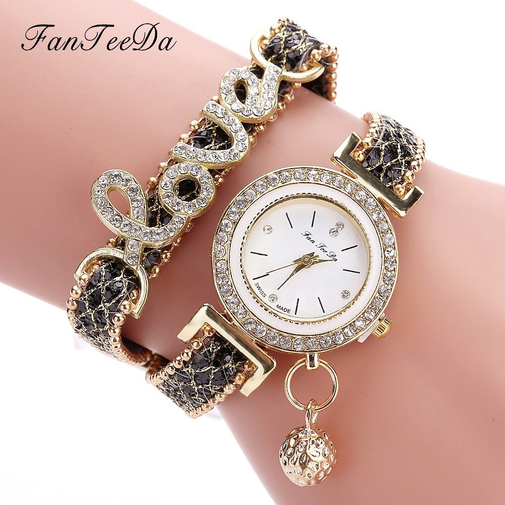 FanTeeDa Brand Luxe Vrouwen Horloge Horloges Liefde Woord Lederen Band Dames Armband Horloge Casual Quartz Horloge Klok