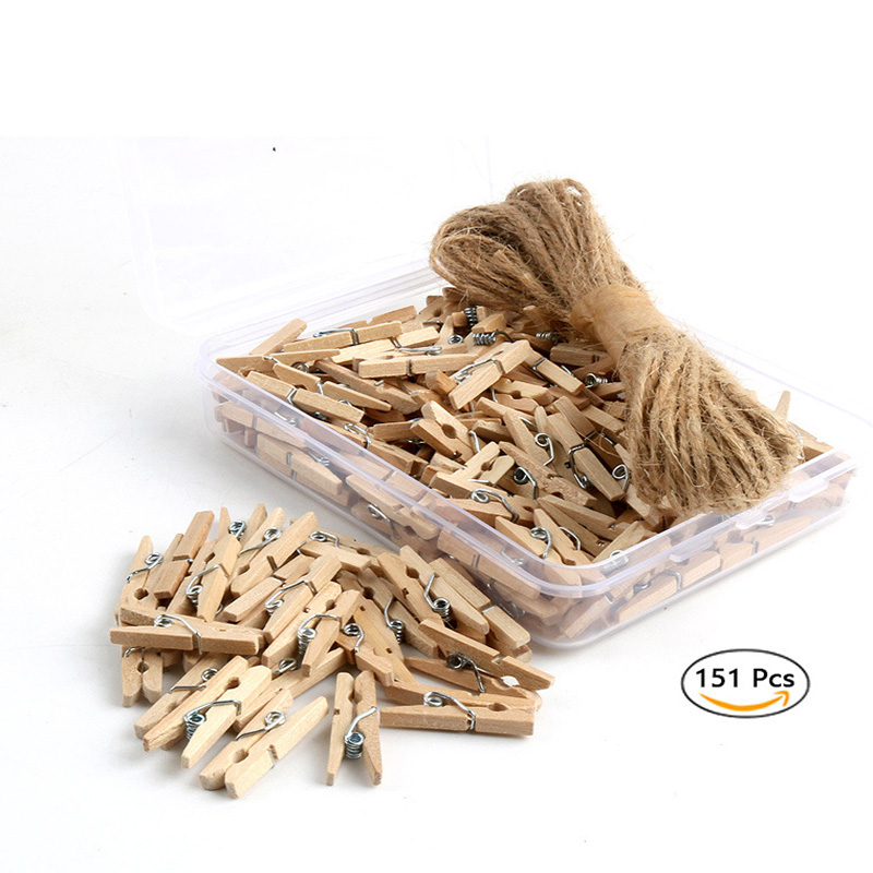 150Pcs 2.5CM Mini Natural Wooden Clothes Photo Paper Clothespin Craft Clips Portable Wood Clamp With 10Meter Jute Rope: Default Title