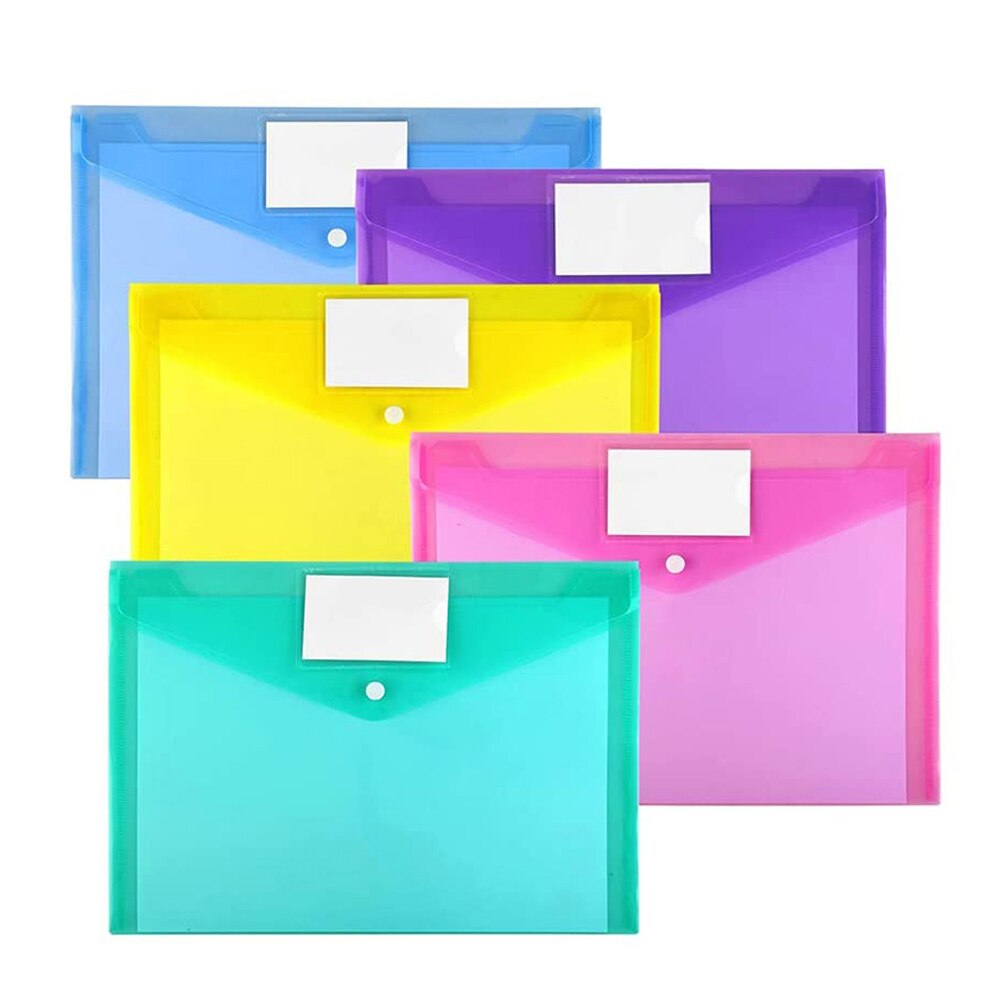 5Pcs A4 Size Plastic Enveloppen Clear Document Bestand Envelop Mappen Met Label Pocket & Snap Voor School Home Office levert