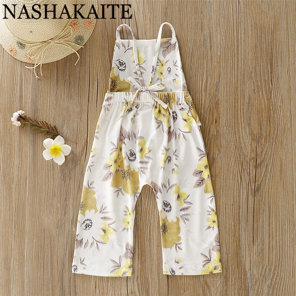 NASHAKAITE Del Bambino Del Bambino Delle Ragazze Tuta Giallo Stampa Floreale Delle Increspature Backless Tute E Salopette Scherza il Pagliaccetto Outfit Per 1-5Y