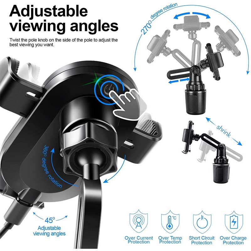 Universal 15w Qi Wireless Charger 360 Degree Adjustable Car Cup Holder Phone Mount Fast Charging Stand Dock for Cell Phone