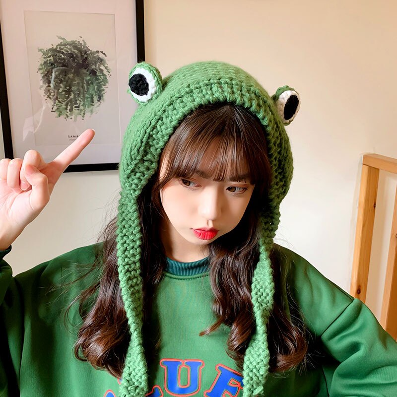 Gorro de punto de ganchillo para mujer, gorro bonito de rana, disfraz, de Hip-hop, accesorios de fotografía para de invierno: green