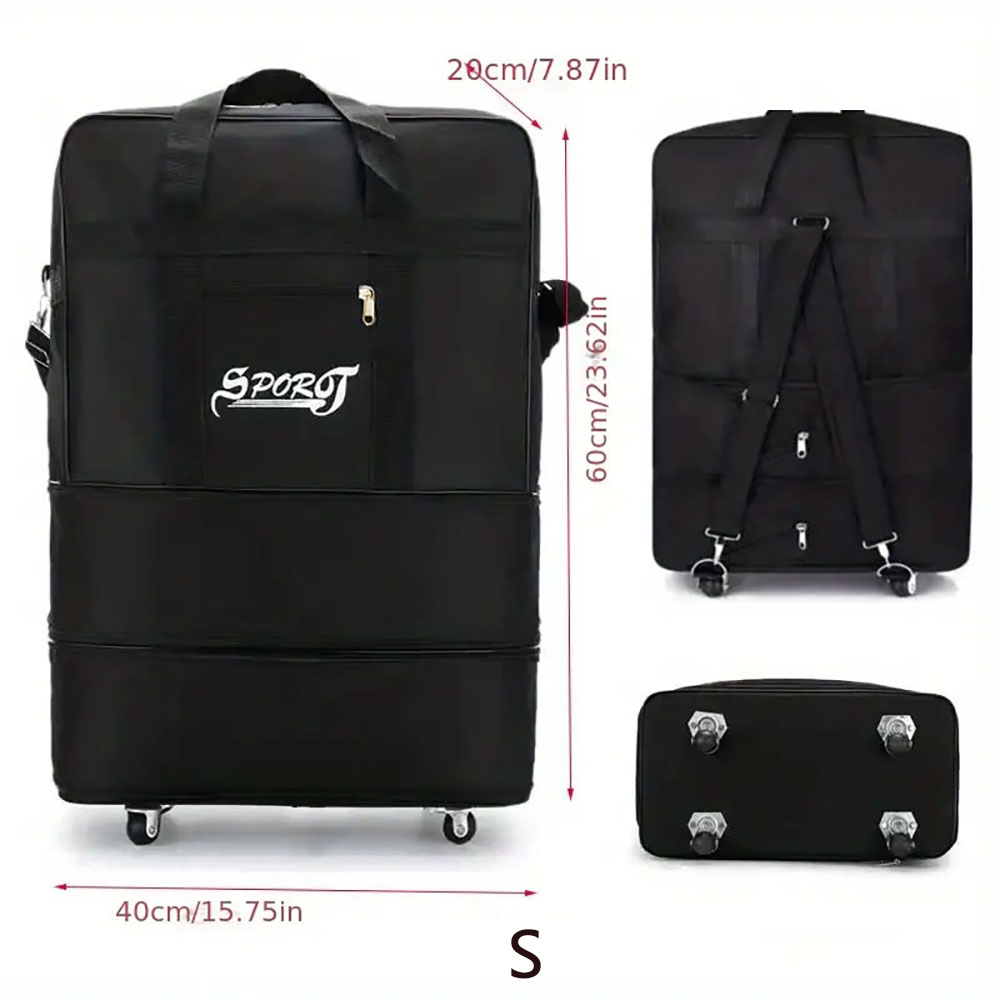 Paquete de viaje con ruedas para mujeres y hombres, equipaje con ruedas plegable expandible, Maleta negra versátil para viaje de fin de semana, bolsa de noche: Negro