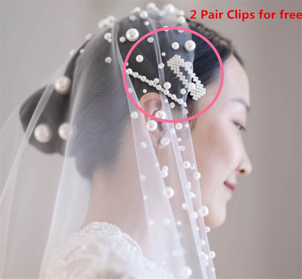 Velo de novia largo de una capa, longitud de catedral de boda con borde de perlas, velo de tul de Noiva con cuentas de marfil sin peine, 3x3 metros