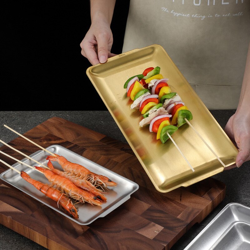 Stainless Steel Serving Dishes Grill Plates Restaurant Gold Serving Tray Rectangular Dessert Cake Snack Dishes Plate Cutlery