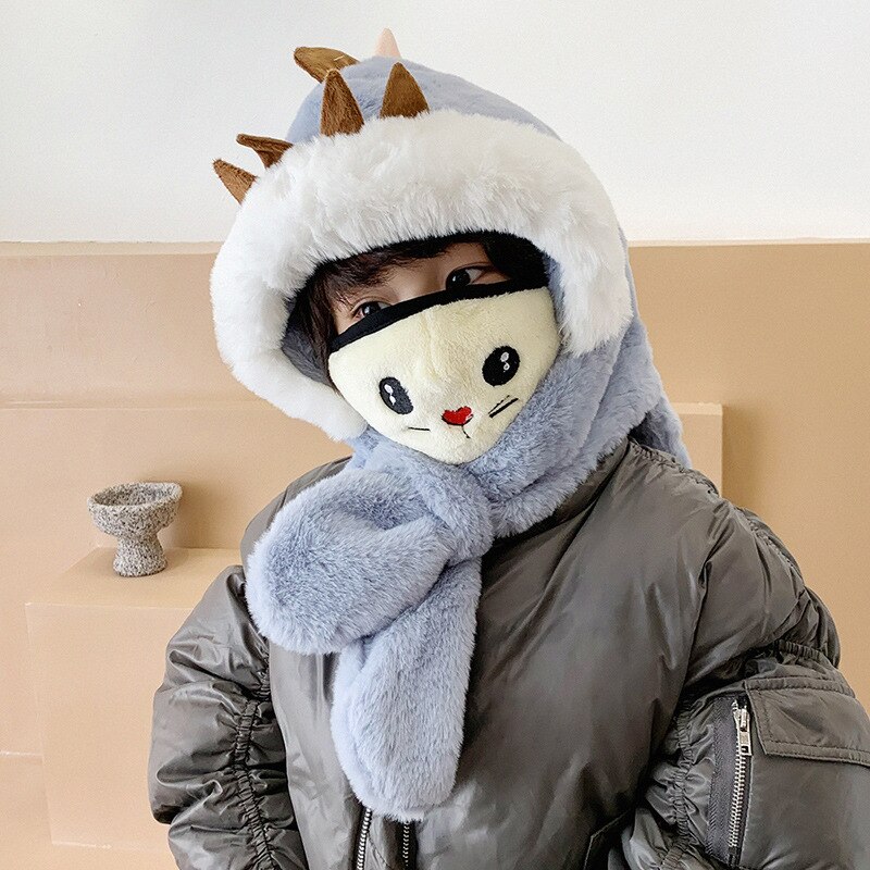 Kindersjaal een muts herfst winter koreaanse versie imitatie konijnenbont babymeisjes warme muts pluche dinosaurussenoren capuchonsjaal: Dinosaurus blauw