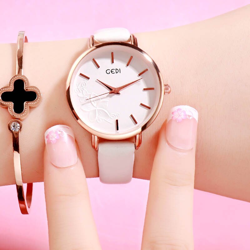 GEDI Frauen Uhr Ultra-dünne Quarzuhr Einfache Stil Geschäft Uhr Dame Lederband Uhr Frauen Armbanduhr Reloj mujer: Weiß