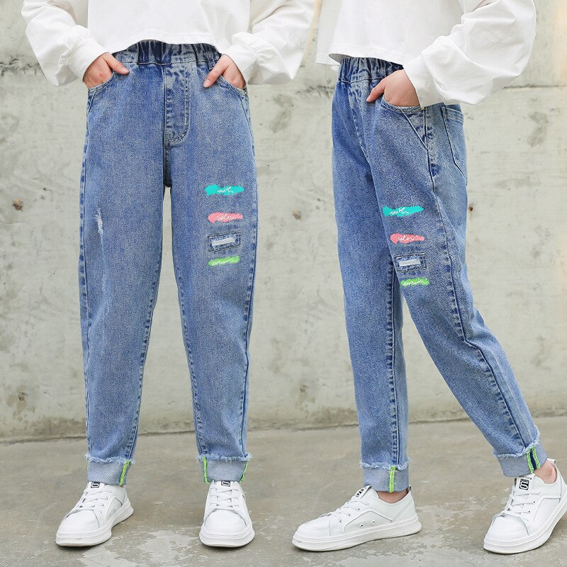 Aankomst Meisje Jeans Tiener Meisjes Skinny Jeans Kinderen Klassieke Mid Taille Print Jeans Meisjes Blauw Denim Broek Kids Meisjes kleding