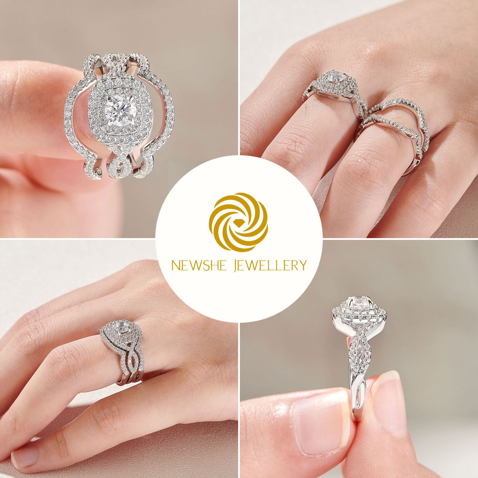 Newshe 3 delar 925 sterling silver vigselringar för kvinnor 2.1ct aaaaa cz förlovningsring set klassiska smycken storlek 5-12