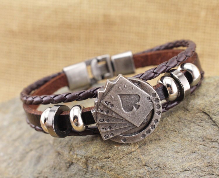 Three-layer Woven Playing Card Leather Bracelet Lucky Vintage Men's Leather Bracelet Raja Vegas Charm Multilayer Braided Women: BR