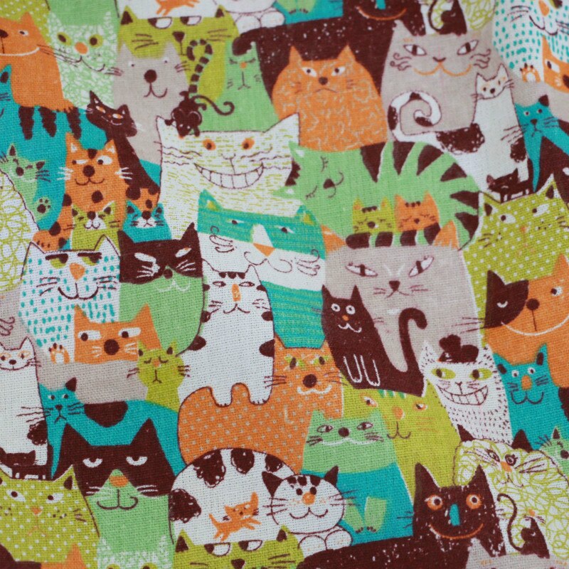 Tela de algodón y lino con estampado de gatos por metro para DIY, mantel de cortina para sofá para decoración del hogar, tela de algodón