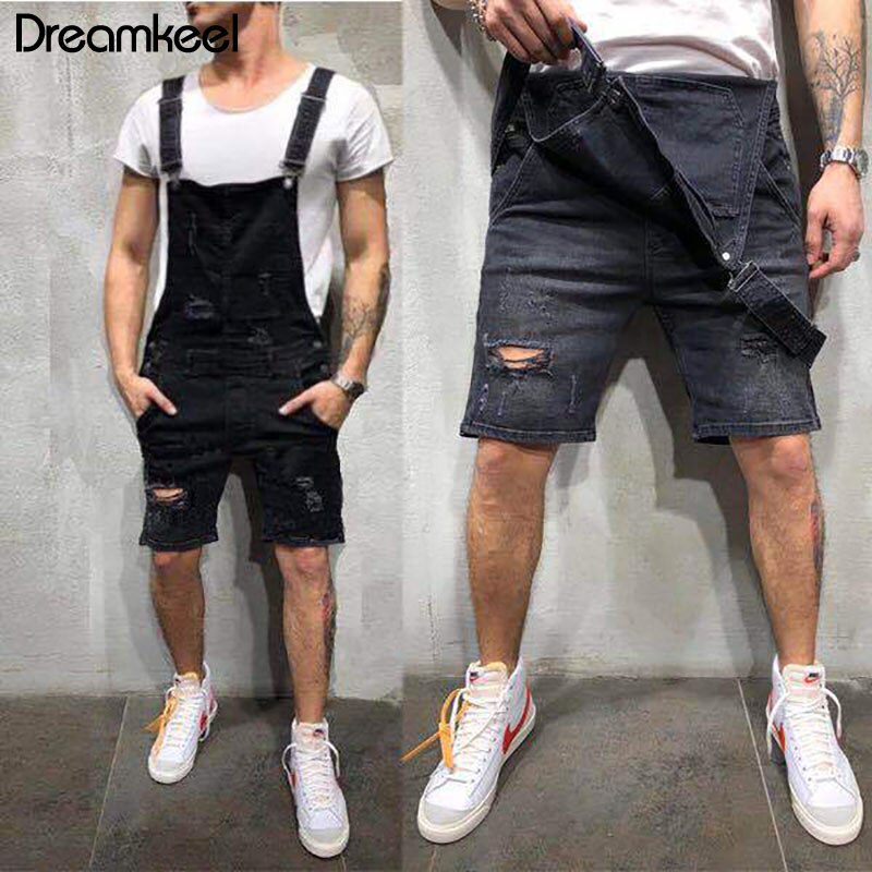 Men's Hole denim shorts jumpsuit men Vintage Overalls Male Casual Suspender trouser summer Playsuit men shorts jumpsuit men Y