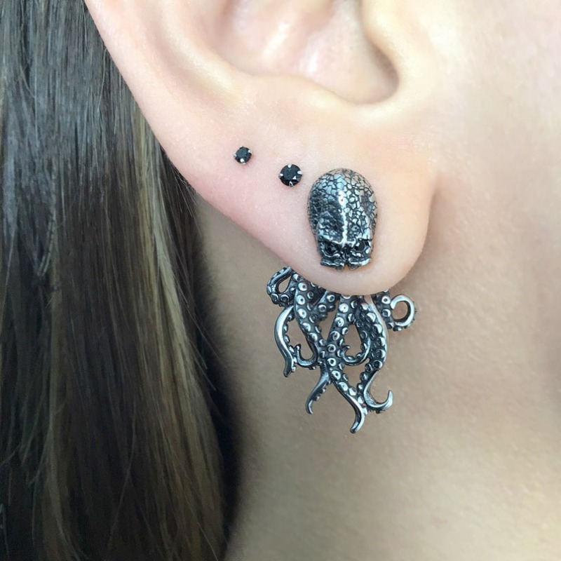 Boucles d'oreilles poulpe rétro exagérées, boucles d'oreilles gothiques, boucles d'oreilles avant arrière poulpe, bijoux personnalisés de fête, adaptés aux deux M: PLAQUÉ ARGENT